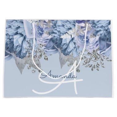 Monogram Name Bridal Favor Wedding Blue FloralGray Large Gift Bag