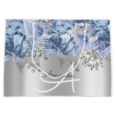 Monogram Name Bridal Favor Wedding Blue Silver Large Gift Bag