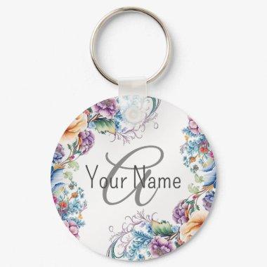 Monogram Name Colorful Floral Frame Elegant Modern Keychain
