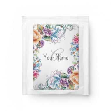Monogram Name Colorful Floral Party Elegant Modern Tea Bag Drink Mix