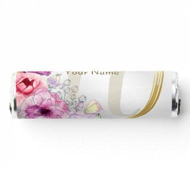 Monogram Name Colorful Pink Floral Golden Frame Breath Savers® Mints