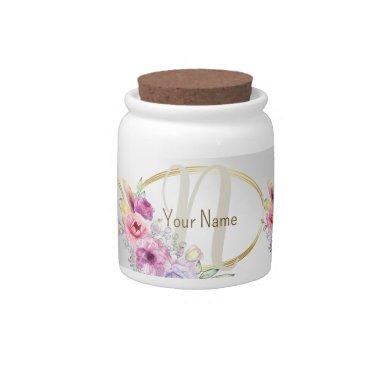 Monogram Name Colorful Pink Floral Golden Frame Candy Jar