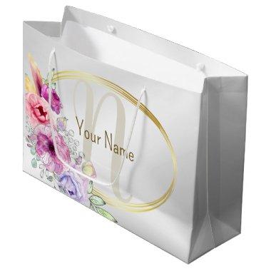 Monogram Name Colorful Pink Floral Golden Frame Large Gift Bag