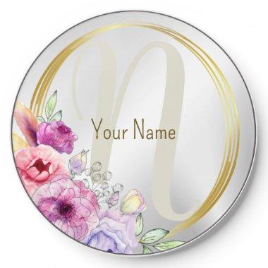 Monogram Name Colorful Pink Floral Golden Frame Wireless Charger
