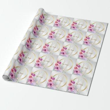 Monogram Name Colorful Pink Floral Golden Frame Wrapping Paper