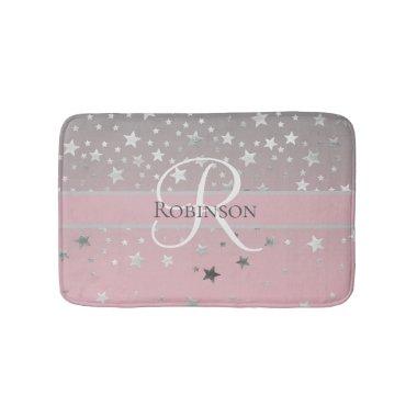 Monogram Name Initial Pink Gray Silver Trendy Bath Mat