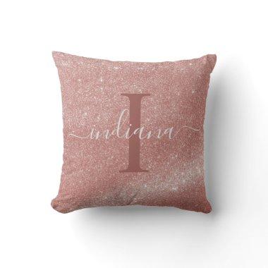 Monogram Name Initial Rose Gold Glitter Custom Throw Pillow