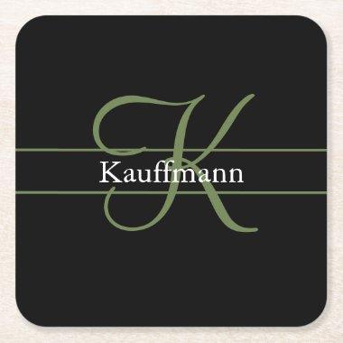 Monogram Name Initial Script Black Green White Square Paper Coaster