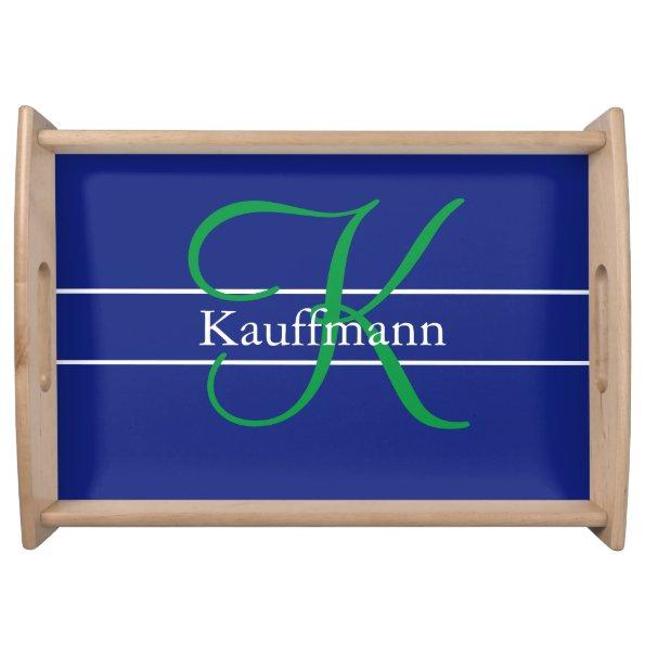 Monogram Name Initial Script Blue Green White Serving Tray
