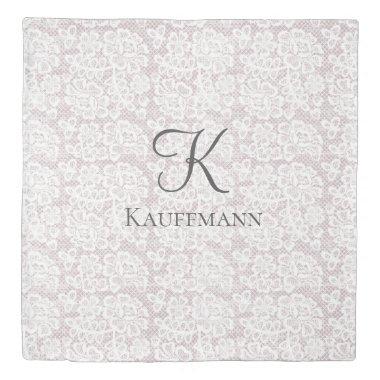 Monogram Name Initials White Lace Soft Mauve Gray Duvet Cover