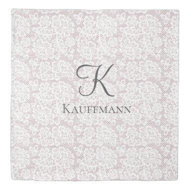 Monogram Name Initials White Lace Soft Mauve Gray Duvet Cover