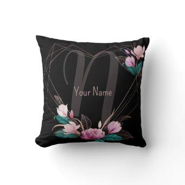 Monogram Name Pink Floral Geometric Frame Black Throw Pillow