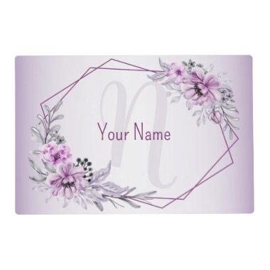 Monogram Name Pink Floral Violet Purple Frame Placemat