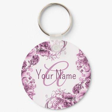 Monogram Name Pink Flowers Frame Elegant Modern Keychain