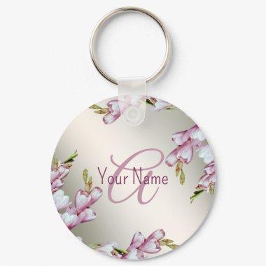 Monogram Name Pink White Flowers Rustic Elegant Keychain