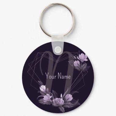Monogram Name Purple Floral Violet Geometric Frame Keychain