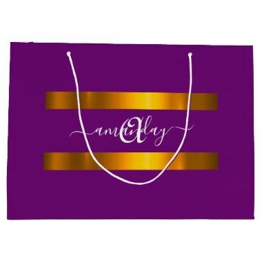 Monogram Name Purple Gold Birthday Holidays Large Gift Bag