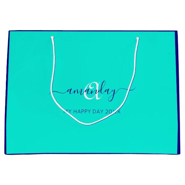 Monogram Name Water Aqua Bridal Sweet 16th Wedding Large Gift Bag