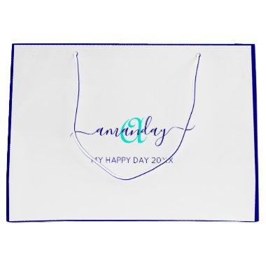 Monogram Name White Blue Bridal Sweet 16th Wedding Large Gift Bag