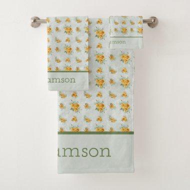 Monogram Name Yellow Green Floral Cottage core Bath Towel Set