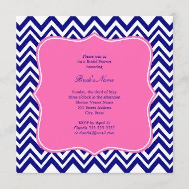 Monogram Navy Blue Chevron Pattern with Hot Pink Invitations