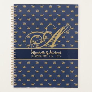 Monogram Navy Blue Gold Crown King Queen NEWLYWEDS Planner