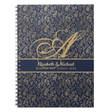 Monogram Navy Blue Gold Leaf Newlyweds Wedding Notebook