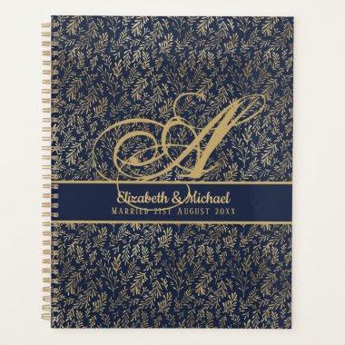 Monogram Navy Blue Gold Leaf Newlyweds Wedding Planner