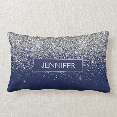 Monogram Navy Blue Silver Glam Glitter Lumbar Pillow