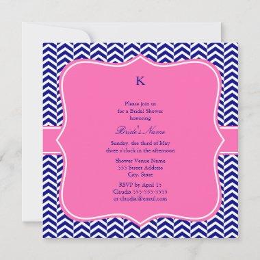 Monogram Navy Blue with Hot Pink Chevron Bridal Invitations