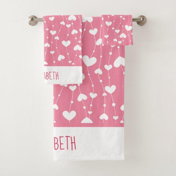 Monogram Personalize Pink White Hearts Bath Towel Set
