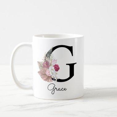 Monogram Pink Boho Girly Floral Initial G Coffee Mug