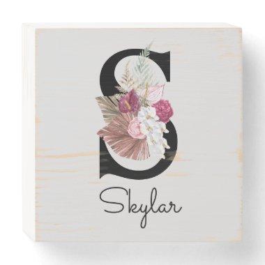 Monogram Pink Boho Girly Floral Initial S Wooden Box Sign