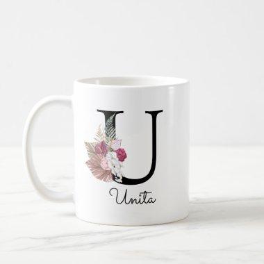 Monogram Pink Boho Girly Floral Initial U Coffee Mug