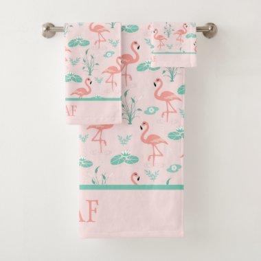 Monogram Pink Flamingos Green Palm Leaves Tropical Bath Towel Set