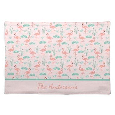 Monogram Pink Flamingos Green Palm Leaves Tropical Cloth Placemat