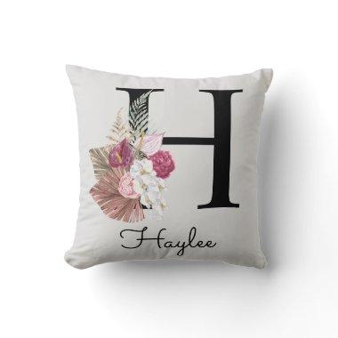 Monogram Pink Floral Initial H Throw Pillow