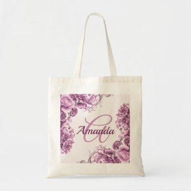Monogram Pink Flowers Frame Elegant Modern Tote Bag