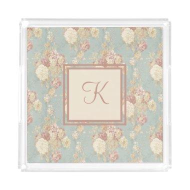 Monogram Pink White Blush Roses on Blue Background Acrylic Tray