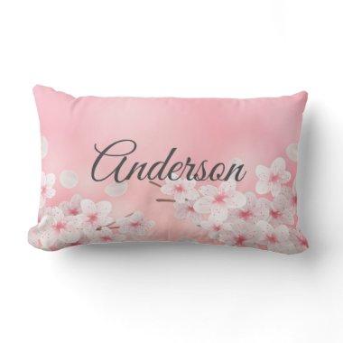 Monogram Pink White Cherry Blossom Floral Flowers Lumbar Pillow