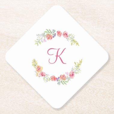 Monogram Pink, Yellow Green Floral Wedding Paper Coaster
