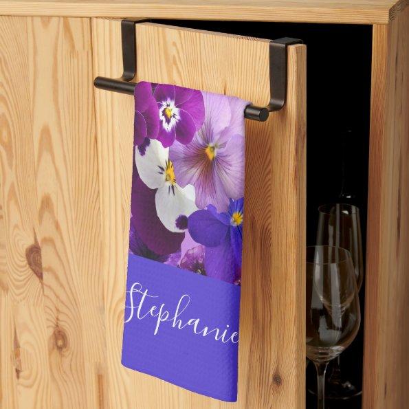 Monogram Purple Blue White Floral Pansy Flowers Kitchen Towel