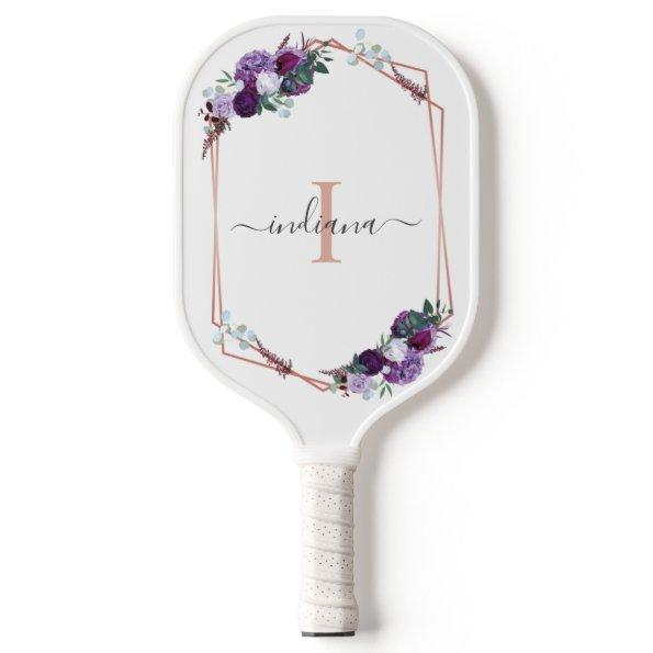 Monogram Purple Floral Rose Gold Geometric Name Pickleball Paddle