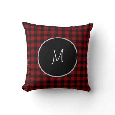 Monogram Red and Black Buffalo Plaid Throw Pillow