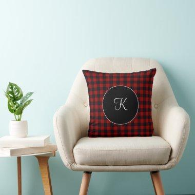 Monogram Red and Black Buffalo Plaid Throw Pillow