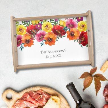 Monogram Red Yellow Pink Watercolor Florals Gift Serving Tray