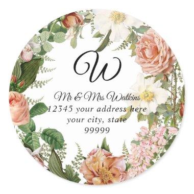 Monogram Return Address Blush Ivory Peon7 Floral Classic Round Sticker