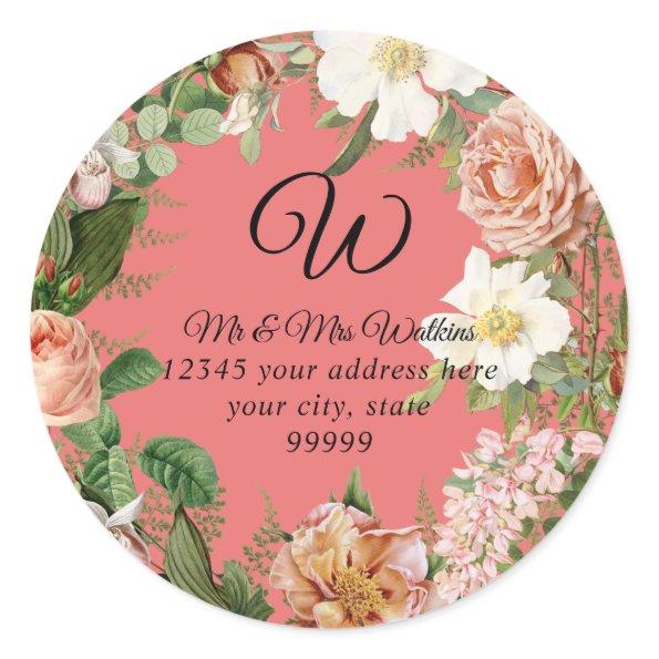 Monogram Return Address Coral Ivory Peony Floral Classic Round Sticker