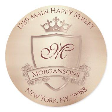 Monogram Return Address Crown Royal Blush Rose Classic Round Sticker