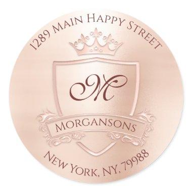 Monogram Return Address Crown Royal Blush Rosse Classic Round Sticker